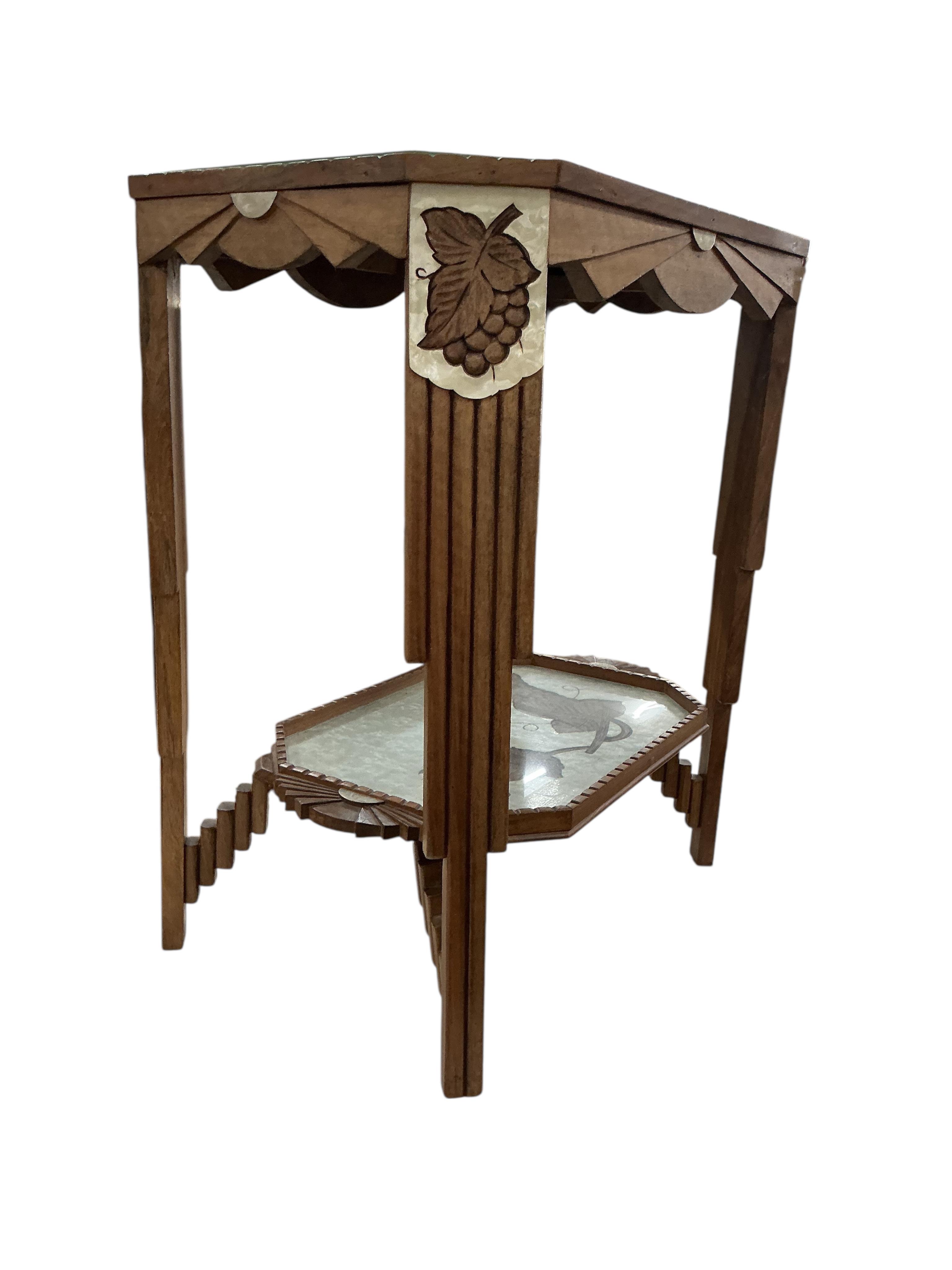 A French Art Deco faux mother of pearl and walnut two tier table, width 60cm, depth 40cm, height 68cm